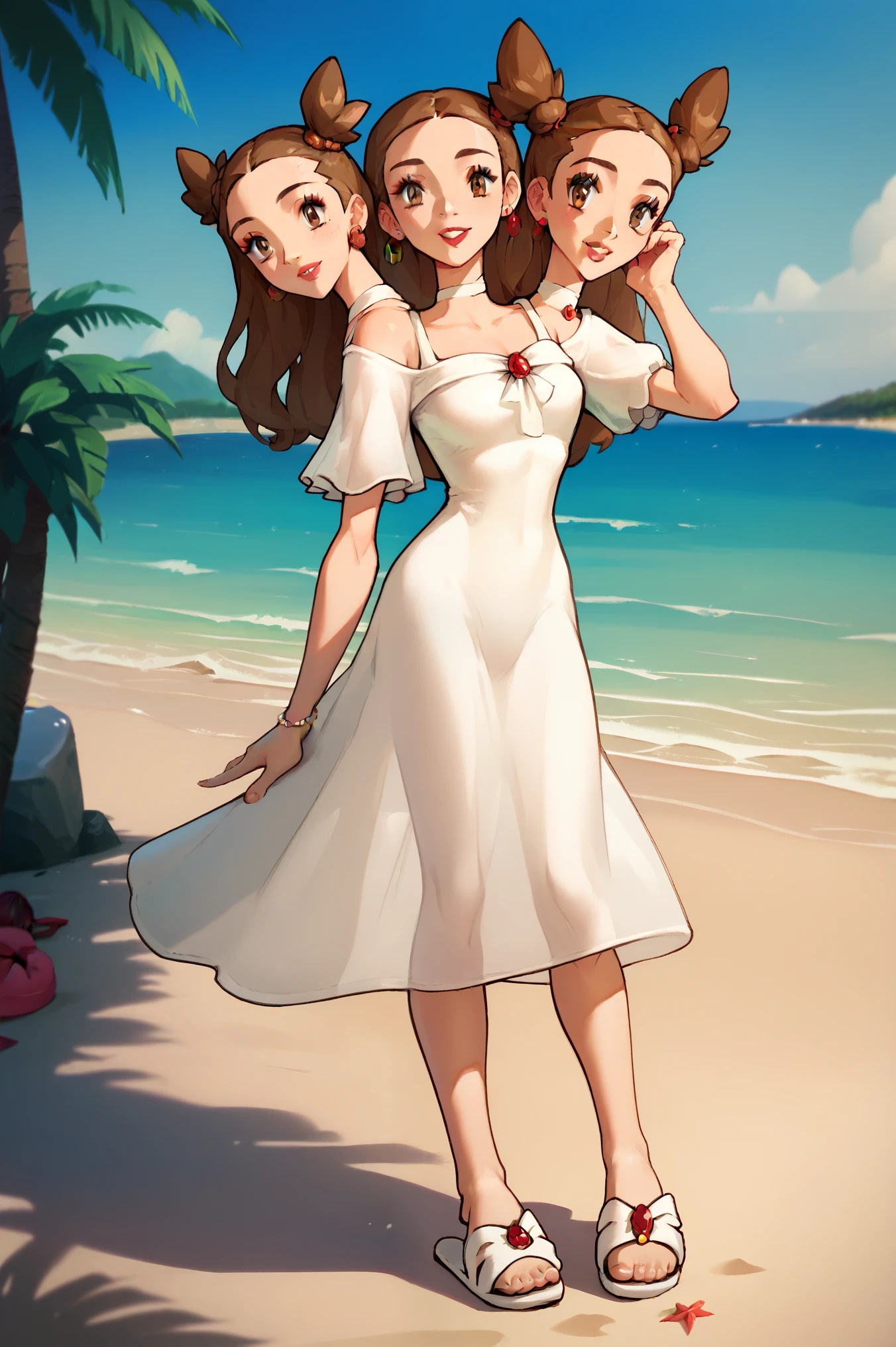 Conjoined, two heads, score_9, score_8_up, score_7_up,  EPpkJasmine,, brown eyes, brown hair, brown pigtails, light skin,, dress, white dress, no makeup, small earrings, jewelry, white dress slippers, looking at viewer, beach,