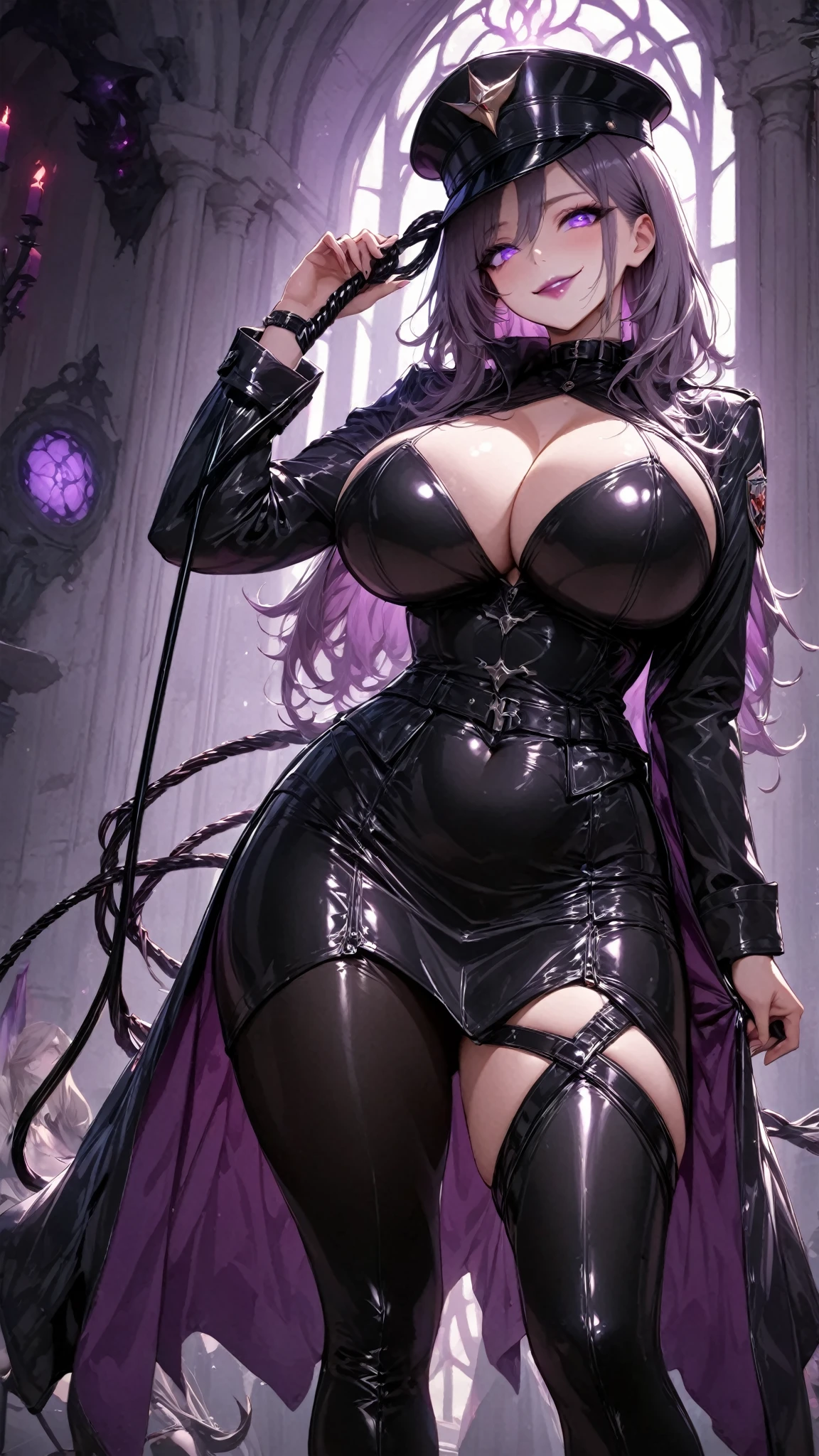  Young Beautiful Woman ,( best quality, very detailed depiction, Incredibly Absurd Hi-Res, curvy body),(Female executive of an evil organization,Black latex military costume, shiny black bondage dress with an intricate structure,military hat,Military cloak, leather thigh-high boots, Long Grove ,Leather Choker, black tights, leather thigh-high boots),(Glowing purple eyes, Half Closed , eyeshadow, bewitching smile,Purple lipstick,Shadowed face, big breasts, shiny skin,Beautiful legs,Whipping up a long whip ), full body image 