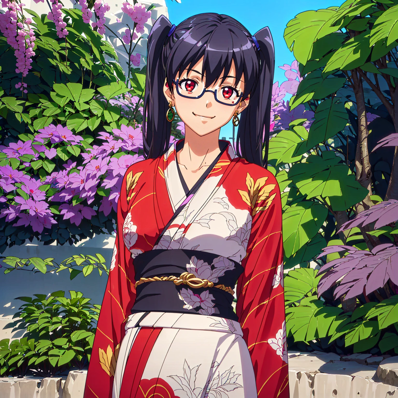 ((1girl, solo ,alone, (iori kousaka, black hair, twintails, glasses, (red eyes:1.5), glasses), gold bracelets, ruby earrings)), ((solo, 1woman, pink lipstick, Extremely detailed, ambient soft lighting, 4k, perfect eyes, a perfect face, perfect lighting, a 1girl)), austere, , ((fitness,, shapely body, athletic body, toned body)),  ((kimono, yukata, patterned kimono, concept art, character concept, character concept art, silk kimono, white background, tree, smug smile, garden, gold earrings))