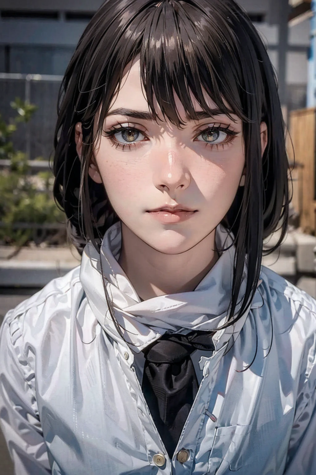 ( Front View ) Woman standing with her hands together in front of her chest, ( shirt, tie, pants:0.5) (Realistic detailed face), ((( High Details ))), zoomed out, Symmetrical face, Detailed Students, 's expressive eyes , compensate, Real Photo, Contemporary look, Real Photo (Realistic:1.5)
