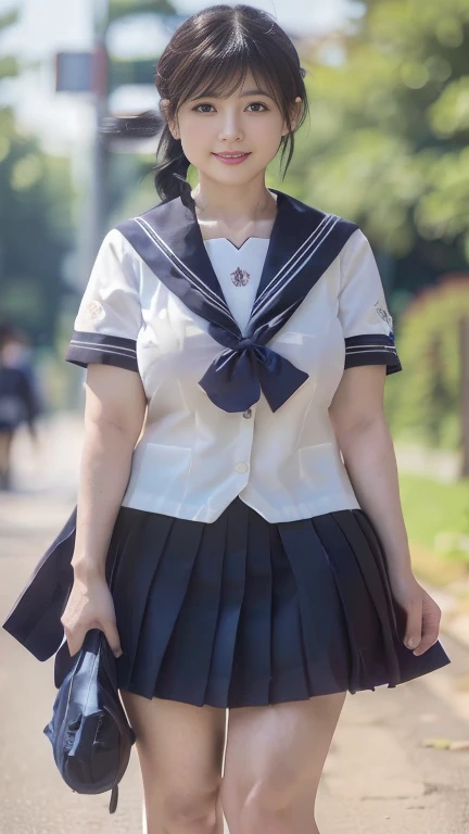 full body shot, from below,  japanese mature, 88 years old,  detailed face , Facial wrinkles, smile,  detailed skin texture ,  white skin, (curvy body, Large Breasts,  plump thighs:1.5), ( school uniform,  sailor suit , JK_style, short-sleeved JK_sailor,  Navy Blue Pleated Miniskirt, earrings,  Necklaces :1.2), (Short socks,  wearing loafers :1.2), ( full body shot from toe to head wearing black high heels,  standing in the park:1.2), ( surrealism, best quality, ultra detailed, absolutely resolution, 8k, anatomically correct), depth of field, looking at viewer, tachi-e, (kz), (gal.safetensors)