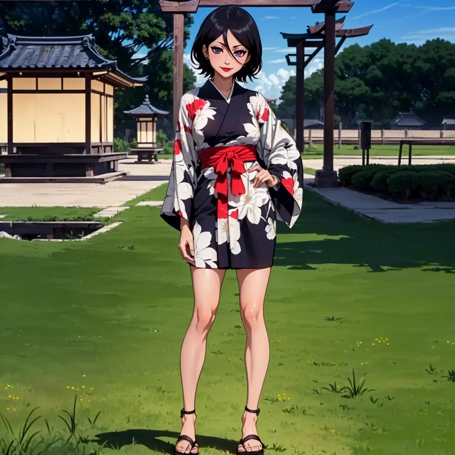 ((shiny eyes, 1girl, milf, standing, sexy pose, ((rukia, short hair, black hair, dark purple eyes, small bust, small breasts)), perfect face,  sharp focus, professional artwork, intricate details)), ((fitness,, shapely body, athletic body, toned body)), ((kimono, Yukata, Japanese garden, Japanese temple, fireworks, night, trees, city in the background, red lipstick, clouds, smug smile, printed kimono))