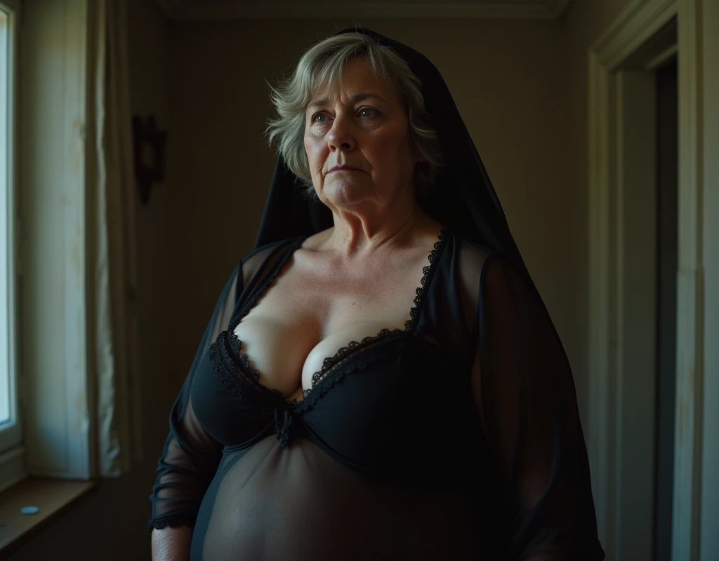 Vieille femme obèse qui porte une chemise blanche en satin, une jupe en cuir noir et des cuissardes dans son salon a genoux et mains dans le dos et les yeux bandés avec du scotch qui couvre la bouche.