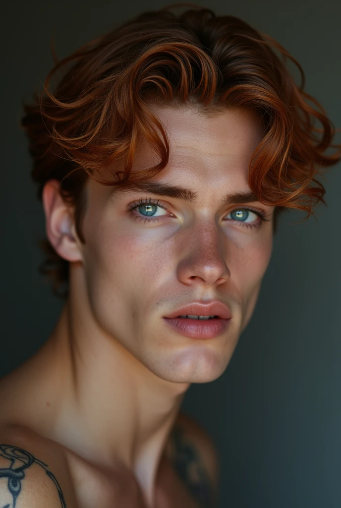 (best quality,4k,8k,highres,masterpiece:1.2),ultra-detailed,(realistic,photorealistic,photo-realistic:1.37),1 male model,albino skin color,red hair, curly red hair, showing armpits,sexy pose,serious face,slim muscular build, model is 17 years old, thick and strong bíceps, front fase photo