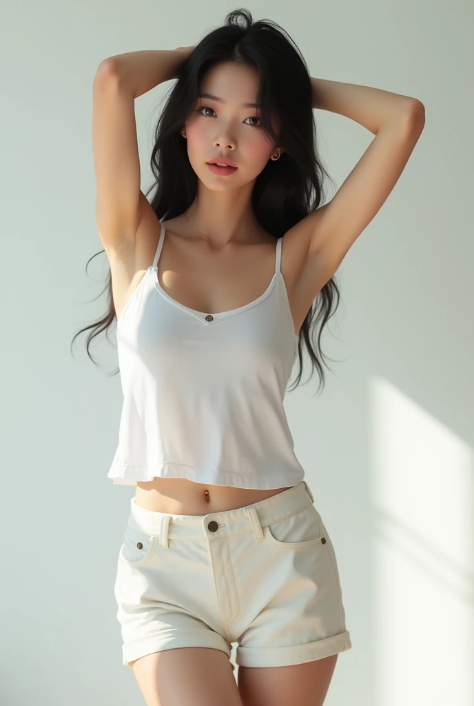 Open shirt, (((Leaning forward))), ((,Round face, Around 17 years old,mini skirt、A loose-fitting tank top)),  Long Hair, , Natural Makeup, Lips become thicker, Sexy Gaze, barefoot, ((Raise one leg)),  Shooting from below,Gentle expression ,((Extremely precise and accurate anatomy)),  (masterpiece:1.43), Perfect proportions, Realistic photos, Full Shot, whole body, 