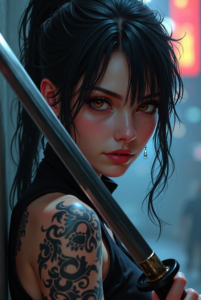Female Asian, light angry smile, messy hair tied with neon tips, amber eyes, cybernetics in eyes, scar on left eye, left arm with few Black carbon cybernetics, neon designer coat clothing, tattoo with family symbol on forearm, night alley background, moon reflection on Walter, Pose leaning against the wall sharpening leisure with spark coming out a katana, Focus on the face, high details at the injured arms