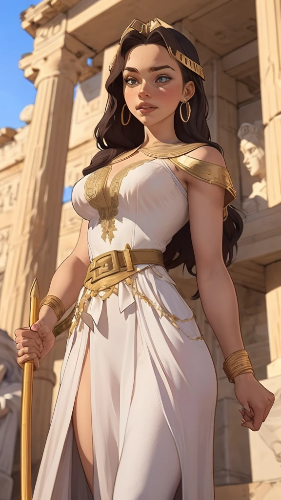 a close up of a woman in a dress with a gold belt, emilia clarke as a greek goddess, emma watson as a greek goddess, elegant ancient greek dress, Roman Goddess, beautiful goddess, greek goddess, dressed in Roman clothes, young goddess, wearing Greek shovel , margot robbie as a greek goddess, greek goddess athena,  stunning woman, beautiful maiden,  beautiful Cleopatra 