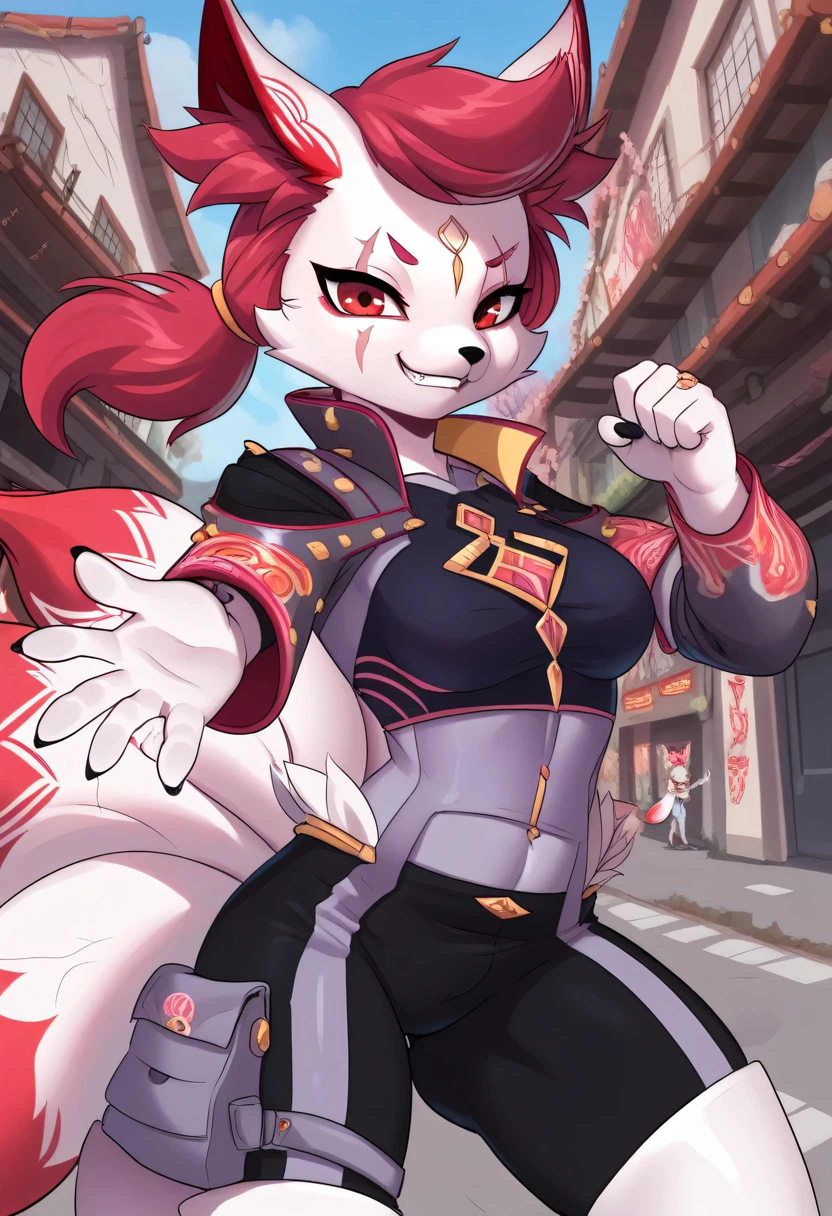 kimiko, furry female anthro, fox girl, multiple tails, solo, short ponytail, scar on the eye, detailed face, masterpiece, dressed, ordinary closed clothes, first person view, reaching, white fur, 5 fingers, correct anatomy, perfect hand, neon city, smirk