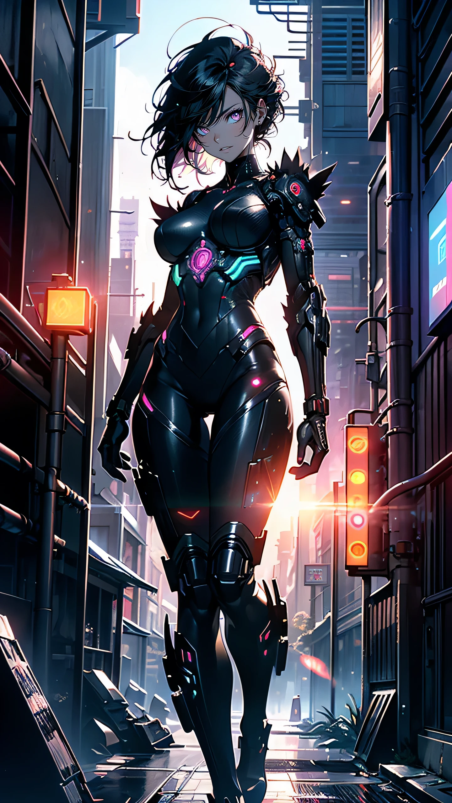 frau, 25 Jahre alt, full-length portrait, schwarzes Haar, Frisur mit Haartolle, Perfekte Proportionen, big boobs, lange Beine, futuristische, very tight cyberpunk armor with tubes, im Hintergrund eine futuristische Megacity mit mehreren Ebenen, fliegende Fahrzeuge, viel buntes Neonlicht