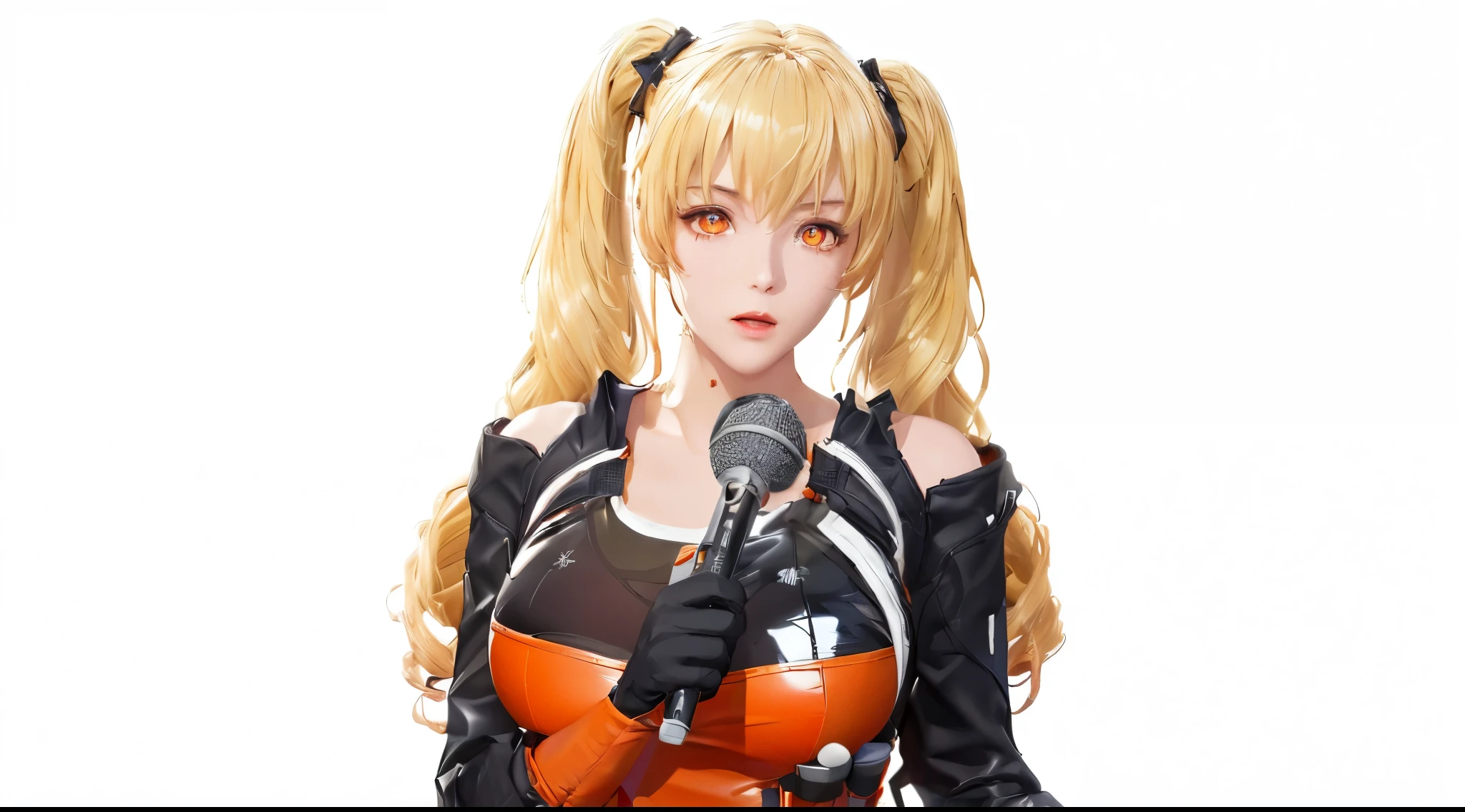 (（（figure，御姐figure,White and tender skin,（（（FenNib , long_sleeves_skirt, red_single_thighhigh, thigh_holster, elbow_gloves, strap, ）））,(（（twintails, Blonde_hair, orange_eyes,））),，((masterpiece)), highres icon,((Best quality at best)),masterpiece,quality,Best quality,(（（  is open to the audience，Light in the eyes）））， huge ，A girl， with a patterned microphone on the hand 。 white background ）））