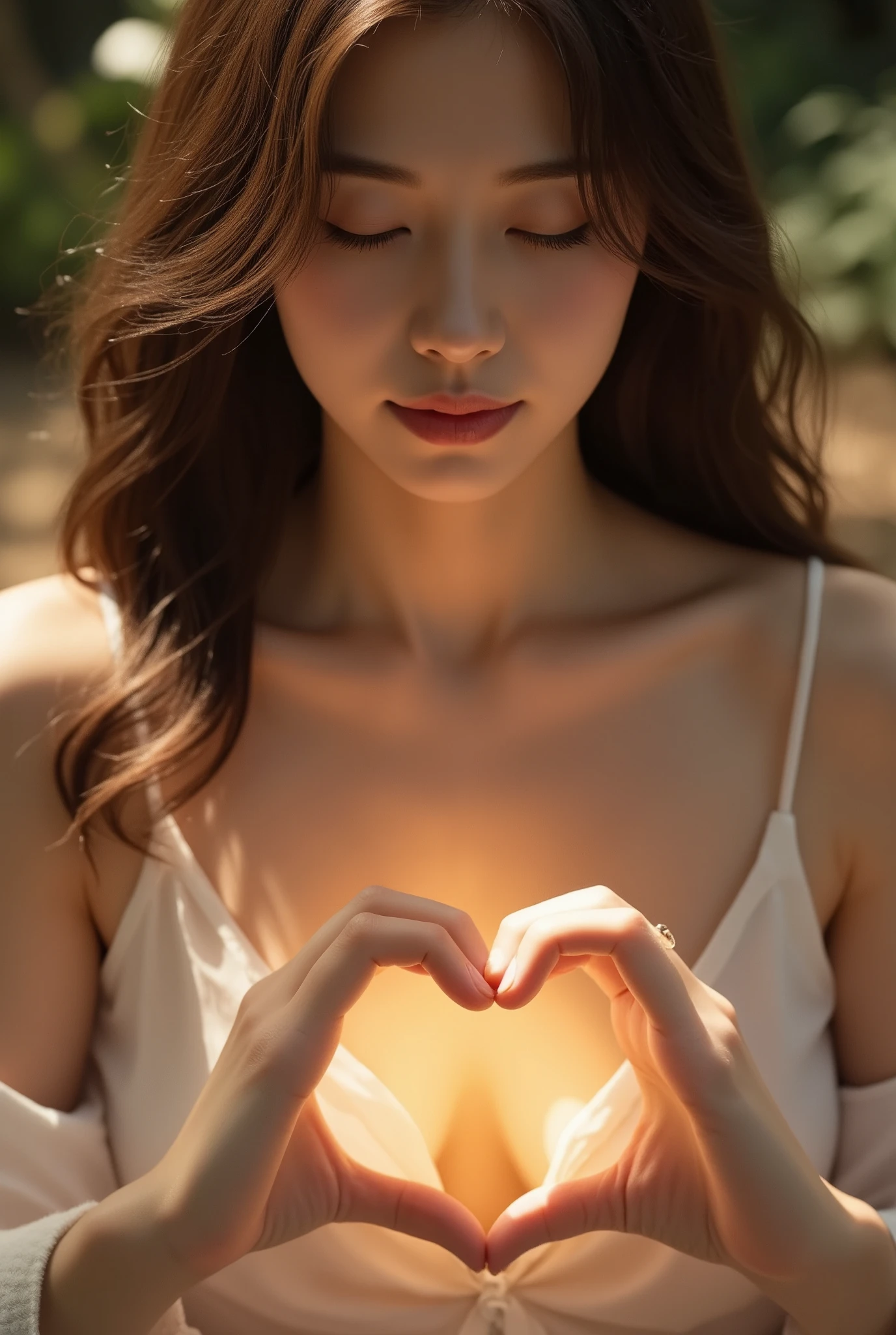 Envision a serene masterpiece, a breathtaking high-resolution portrait of a Japanese beauty, radiating tranquility. Her luscious brown hair cascades down, fine and silky to the touch, framing her delicate features. Her soft lips are pursed, and her eyes are closed, lost in a meditative state, exuding a sense of sincere gratitude. A gentle hand forms a heart on her chest, symbolizing love and devotion. Set against a blurred, mystical backdrop, she sits in a beautiful and calming place, bathed in dramatic lighting that casts a warm glow from below, accentuating her ethereal beauty. The angle from below adds depth and intimacy to the scene, drawing the viewer's gaze to her serene, peaceful expression.