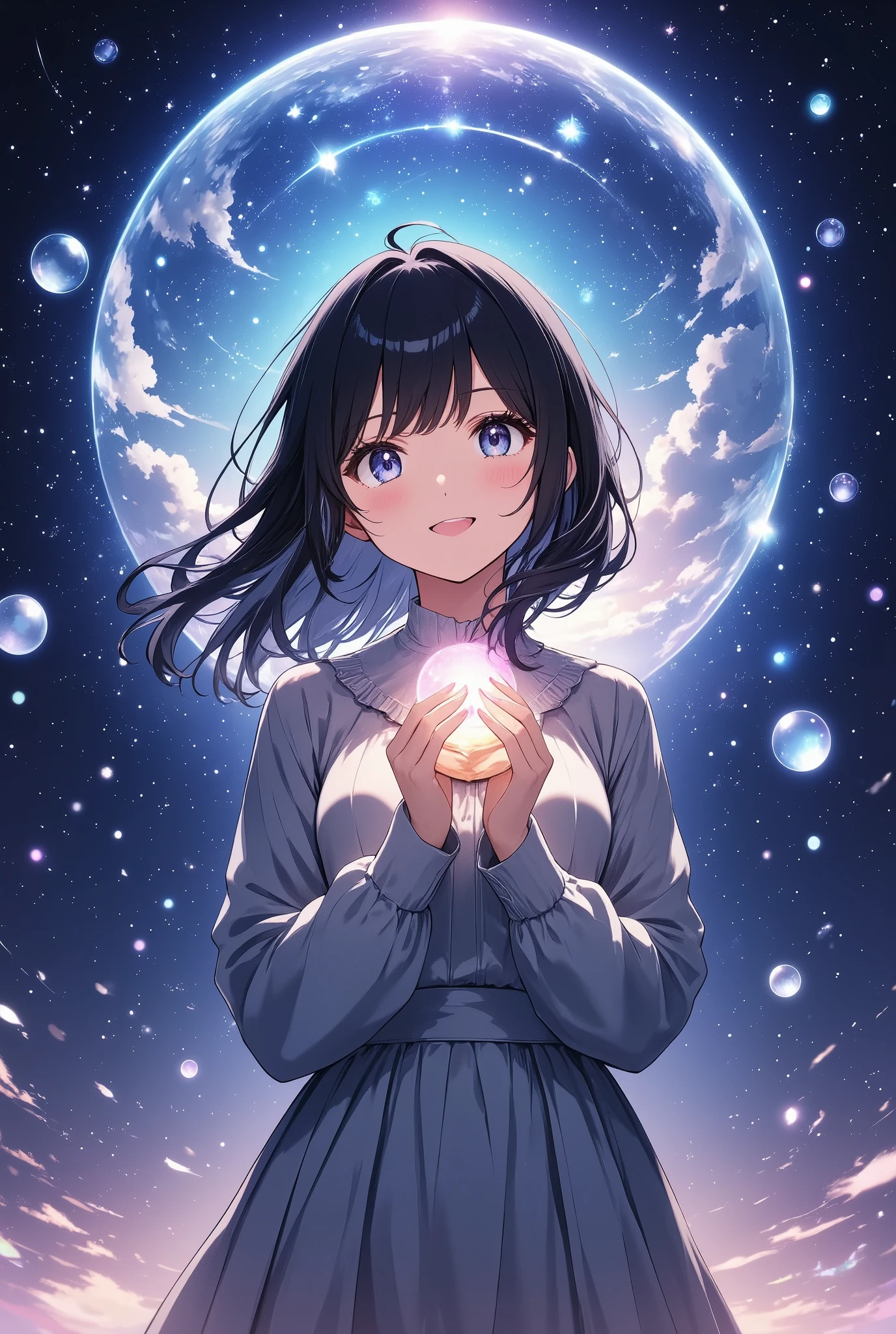  Anime Style 、Magical bubbles、Highlight bubbles 、 background with lots of bubbles 、魔法使いが使うMagical bubbles、 beautiful effects、Producing Sparkling Light 、Unreal、 Magician Girls in a Fantasy World 、 black hair、 Short Hair 、smile、 Magician Girls Using Beautiful Magic Who Captivate People