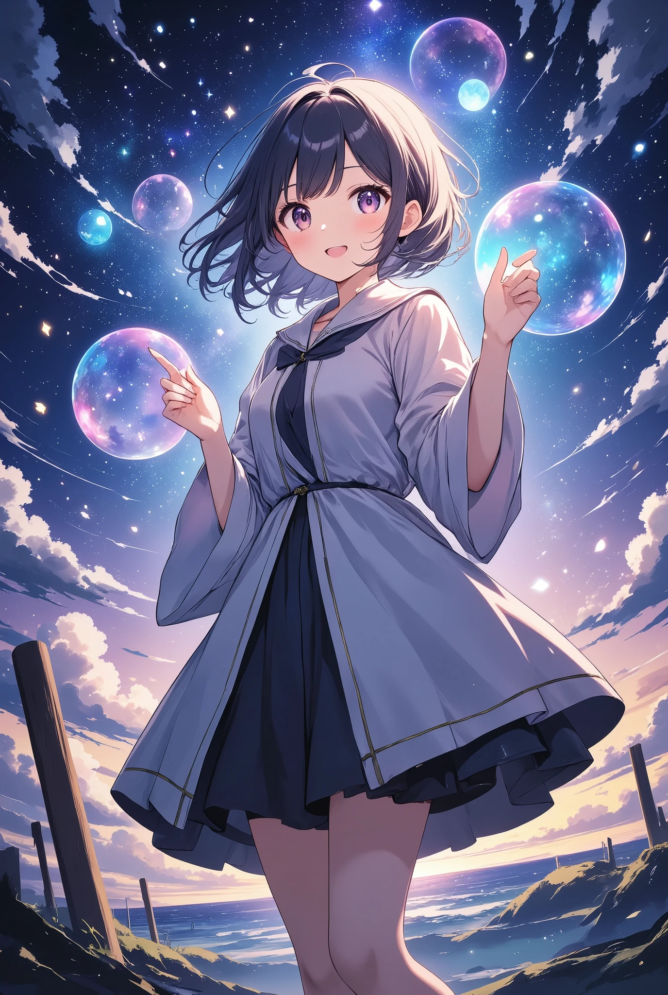  Anime Style 、Magical bubbles、Highlight bubbles 、A cute daikon character 、Daikon character background with lots of bubbles、魔法使いが使うMagical bubbles、 beautiful effects、Producing Sparkling Light 、Unreal、 a wizard girl in a fantasy world in a robe、 black hair、 Short Hair 、smile、A fascinating 