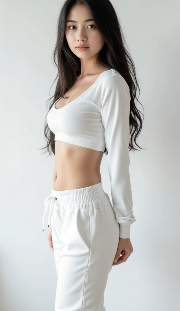 A full-body a Thai woman wearing white sweatpants and a form-fitting, long-sleeve white top that reveals her midriff.Solo, Long Hair, High Resolution, Breasts, 