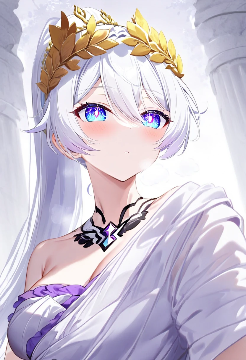 score_9, score_8_up, score_7_up, masterpiece, best quality, absurdres, vibrant, highly detailed, 1girl, adult grown woman, kiana kaslana \(honkai impact 3rd\), herrscher of finality, white hair, ahoge, ponytail, very long hair, blue eyes, symbol-shaped pupils, blush, heavy breathing, elegant draped toga, (ancient Greek style:1.4), (golden laurel crown:1.3), marble columns in the background