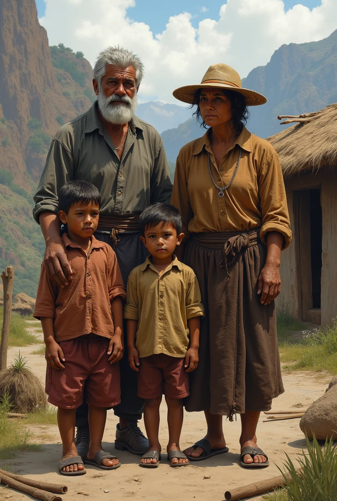 Describe to me a peasant family from the 2000s in Colombia gathered on a farm where they are sitting, the pope an adult gentleman with a peasant hat , The mother with a ruana and hair tied back with braids ,two small boys and a 1 daughter with brown hair, slim build and mixed skin color Ai realistic image