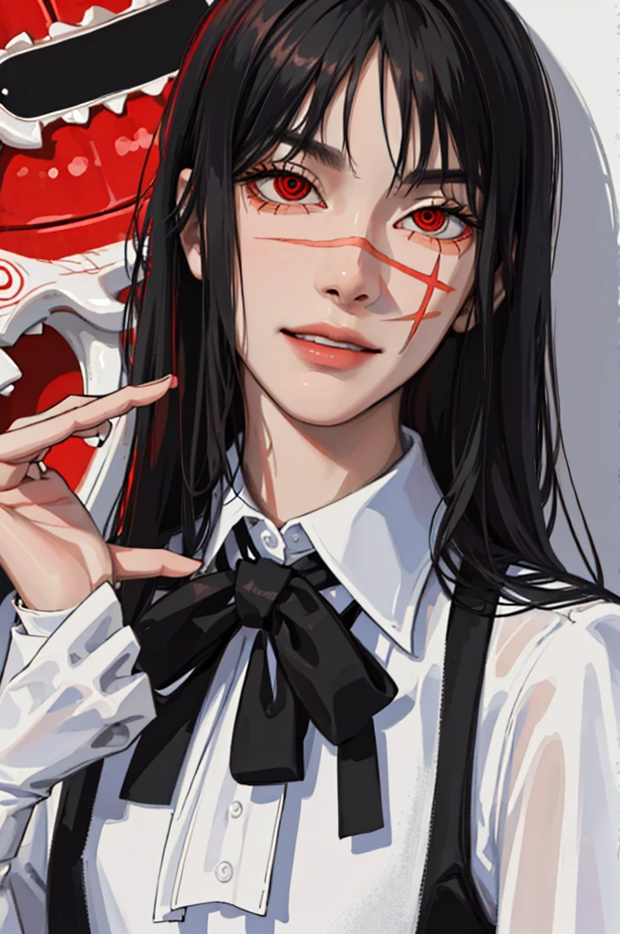 (masterpiece, best quality: 1.2), yoru\(chainsaw man\),(very detailed face, real image, realistic skin, realistic body, intricate details), (solo, upper body) evil smile,
serious, looking at the viewer, red eyes, school uniform, pinaforee dress, shirt, neck ribbon, close-up