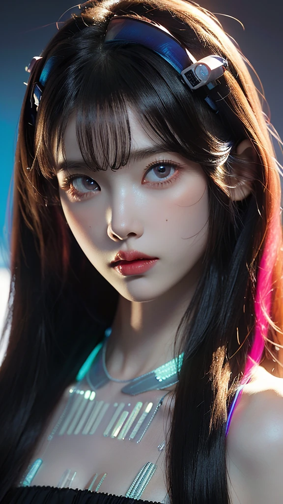 (masterpiece, highest quality, highest quality, Official Art, beautifully, aesthetic:1.2), Staring at the viewer, Portrait Photography, (Cyberpunk beautiful girl 1 person), Big iridescent eyes, Beautiful skin, (Pink and blue long hair with bangs), Very detailed, (Neon colored fractal art:1.3), Perfect lighting, Sharp focus, High resolution, High resolution, High color rendering, High resolution, Super realistic,