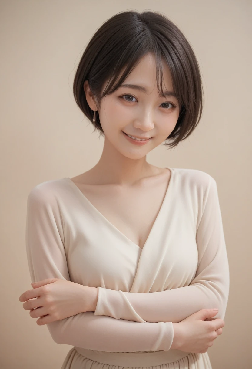 8K, Ultra-high resolution, Highest quality, masterpiece, 三分割法によるphotograph,Surreal, photograph, 1 Girl, (16 years old:1.3), pretty girl, Cute face, Beautiful eyes in every detail, 細かくdetailedに,masterpiece,, One Girl:1.2, Japan Female Announcer,whole body,Teenage Girl, Wearing only a grey cropped shirt with sleeves and flesh-coloured thong panties, Functional, With a sleepy look and a half-smile,,detailedな顔と目, Beautiful lip detail, 非常にdetailedな目と顔, Long eyelashes, Portraiture, 非常にdetailedな, Warm lighting, Soft Focus, Cinematic,Functionalな,A carefree smile,Heal the heart,Black Hair,Short Bob,Looking at the audience、beauty,Long neck、Laugh a little、Please close your mouth and laugh、(((Ideal body type))),A cup small breasts :2,、Portraiture:2、Perfect Anatomy、鮮明なdetailed、detailed、Surreal、Light and shadow,Strong light 