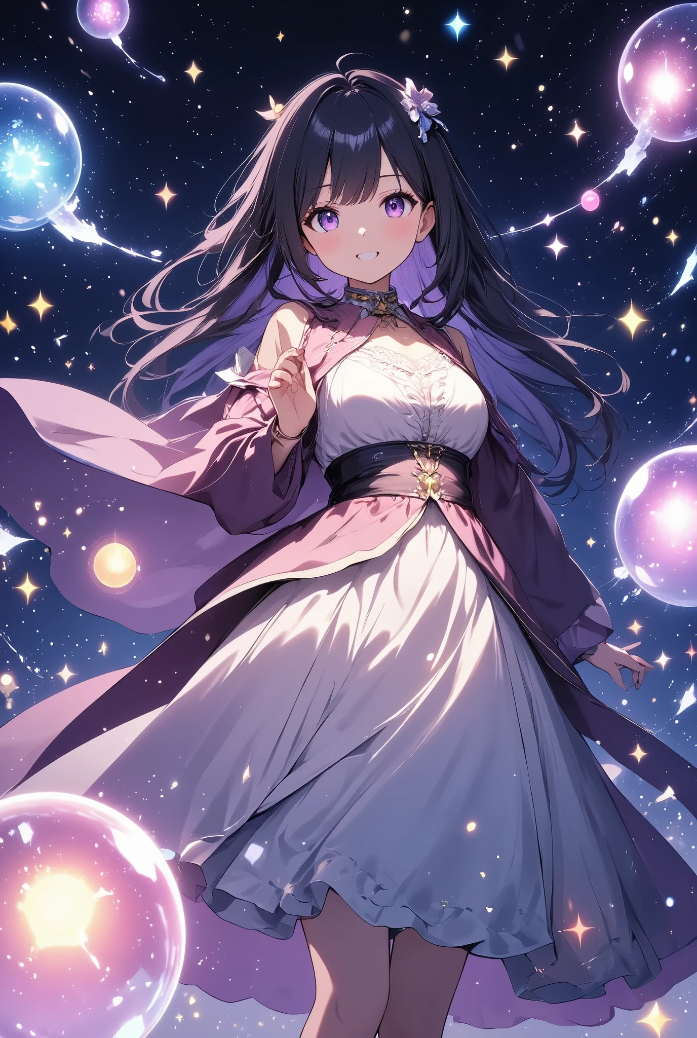  Anime Style 、Magical bubbles、Highlight bubbles 、A cute daikon character 、Daikon character background with lots of bubbles、魔法使いが使うMagical bubbles、 beautiful effects、Producing Sparkling Light 、Unreal、 a wizard girl in a fantasy world in a robe、 black hair、 Short Hair 、smile、A fascinating 