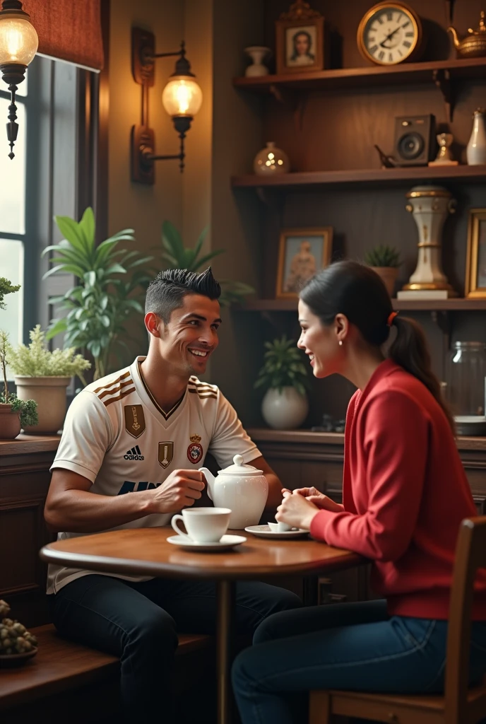 Messi and Ronaldo are drinking coffee