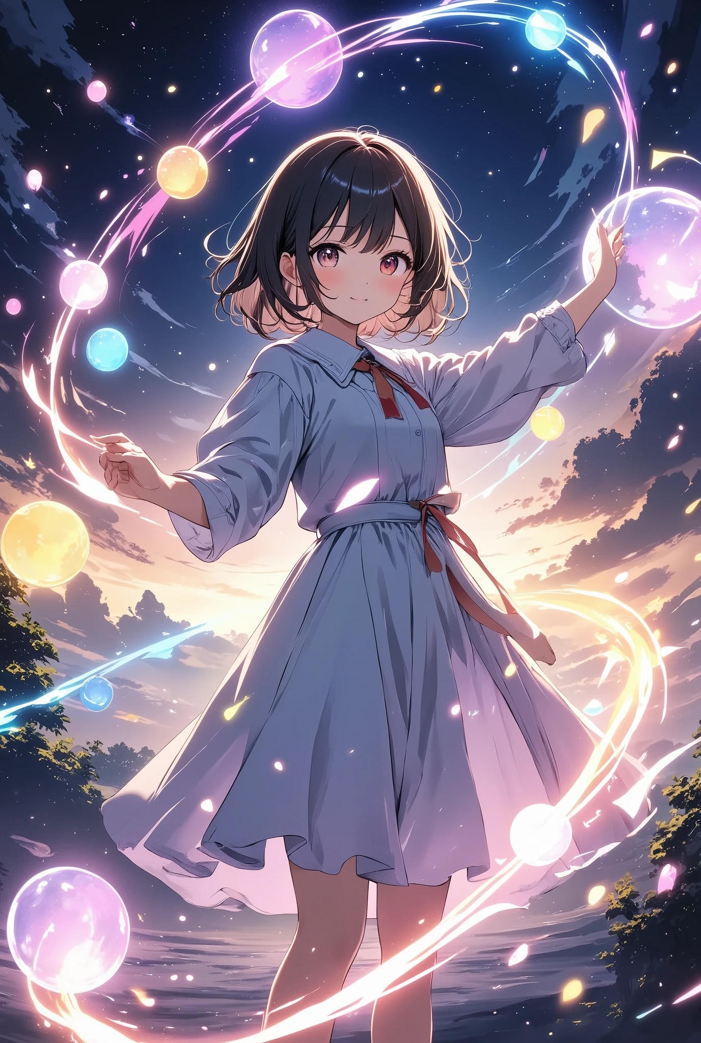  Anime Style 、Magical bubbles、Highlight bubbles 、A cute daikon character 、Daikon character background with lots of bubbles、魔法使いが使うMagical bubbles、 beautiful effects、Producing Sparkling Light 、Unreal、 a wizard girl in a fantasy world in a robe、 black hair、 Short Hair 、smile、A fascinating 