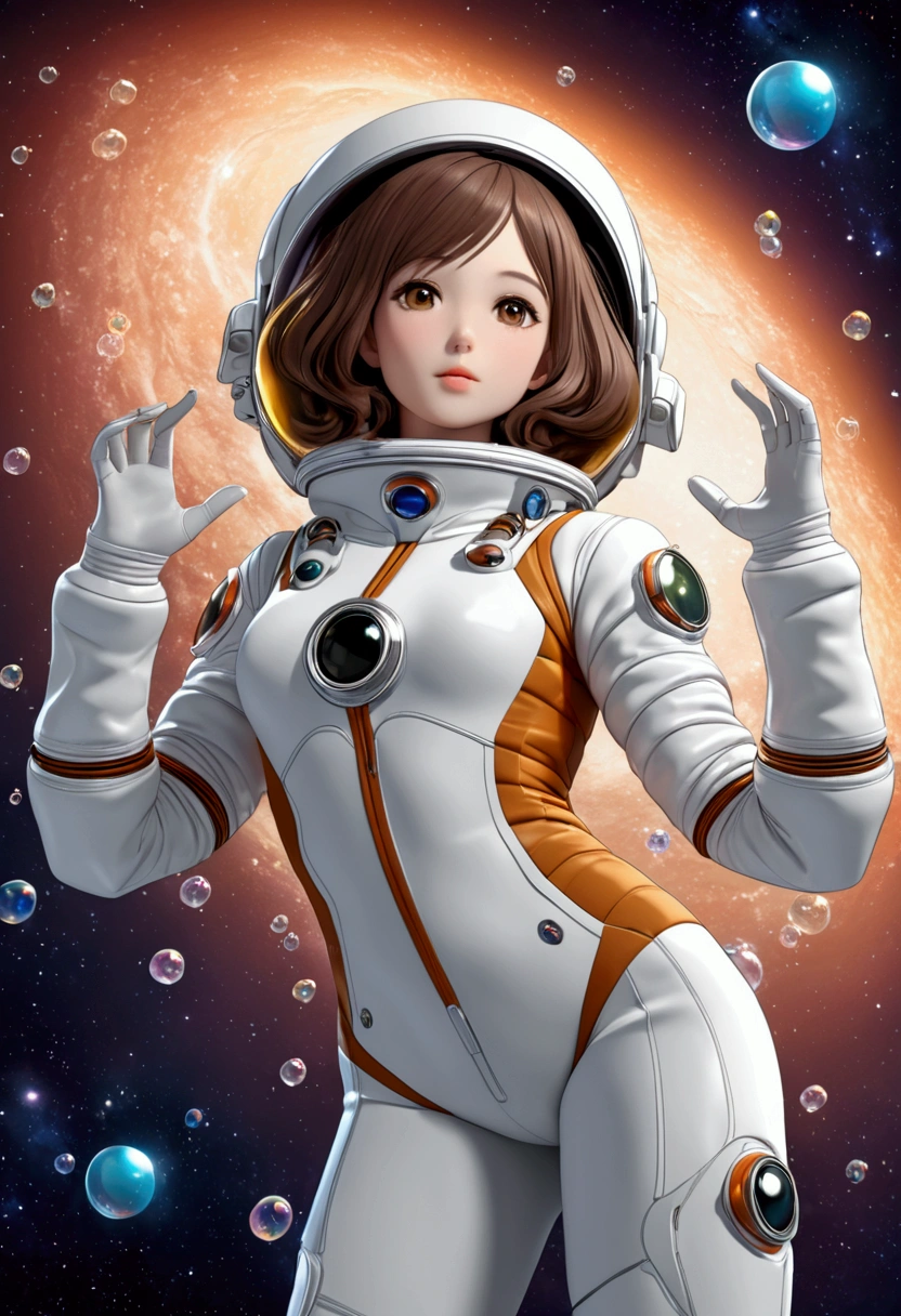 1girl in、Astroboy、((double tails、A brown-haired):1.1)、with brown eye、spacewalk、rays of sunshine、(white thighhig、:1.1)