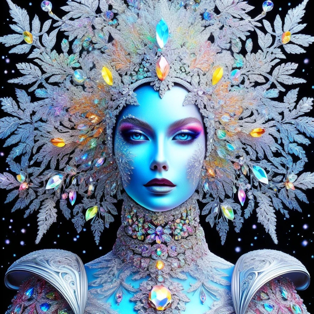 A photorealistic crystal snow queen dressed in fururistic helmet  decorated with snowflakes and opal trees !!!!It shimmers with bright colors against the background of the night sky!!!!surreal art, high detail, front light, bright colors, filigree style, modern European ink painting, high quality, high detail, masterpiece , inspired Hedi Xandt , Danel Conway

