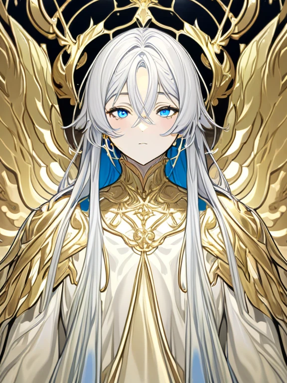 an extremely handsome man/seraphim with long white hair with different shades of blue streaks and shaggy parted down to the middle bangs he has sharp dark blue eyes with a mix of green and yellow he has 6 massive white angelic wings he wore a white silky golden robe and he has two white and blue and golden wing piece on the right and left side of his hair he has a lean but muscular body he had ivory porcelain skinSolo, Looking at viewer, Anatomically Correct, High Resolution, Masterpiece, Award Winning, High Details, Quality, 