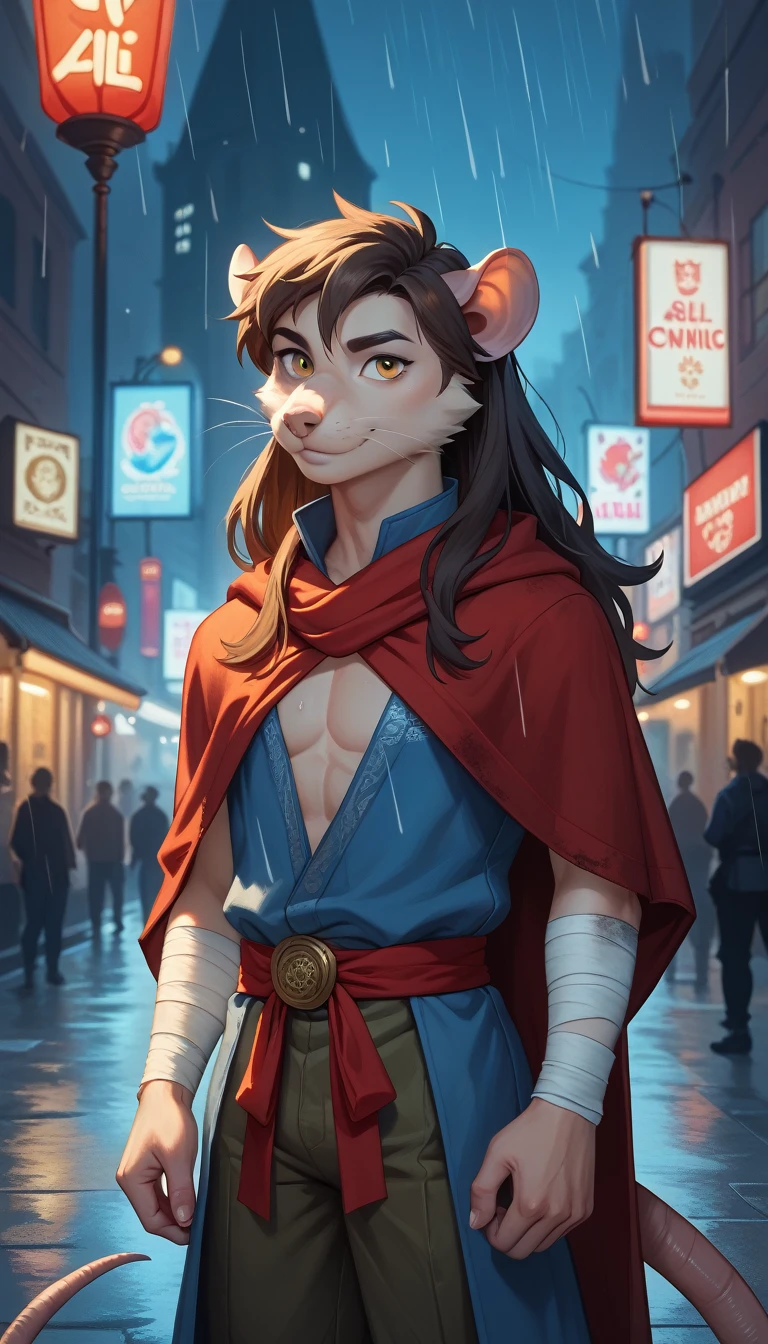 Alone,long hair,golden eyes, hairstyle, monk,skinny,teenager,young,dirty clothes,survival outfit,cloak on,bandages, fur-trimm,rat furry,master Splinter, dark city,midnight,rain fall, melancholic tone,city lights in the background 