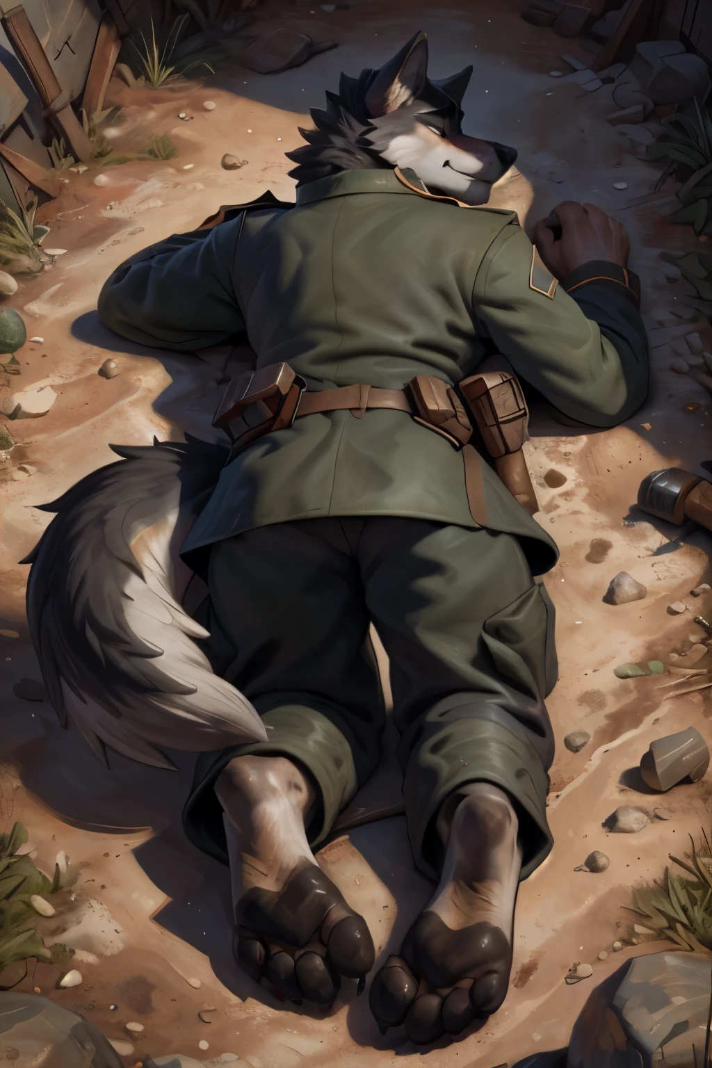 (ultra quality):1.4, color, smooth comics style, (by takemoto arashi, by meesh, by Taran Fiddler), solo:1, (defeat)) ((blackfeetsoles)) ((black feetsoles)) ((knockout face)) did a darkgrey wolf in the german soldier uniform without shoes, ((without pants)) He is dead in the trench, lying on the back, closed eyes, tonque stuck out of the mounth, defeated on the floor after a fight, exhausted, closed eyes, tonque out of the mounth , ((feet focus)) wolf tail. Battlefield (uniform german world war 1)) ((world war 1)) ((ww1)) ((black pawpads)) (five toes) 5toes, 5finger ((darkgrey wolf)) (blackpawsole) (plantigrade feet) (additional paws from hidden characters that you can't see) ((without pants)) ((Pants pulled down to the knees))  ((wolf tail) ((tonque stuck out of the mounth)) (((wolf tail)))