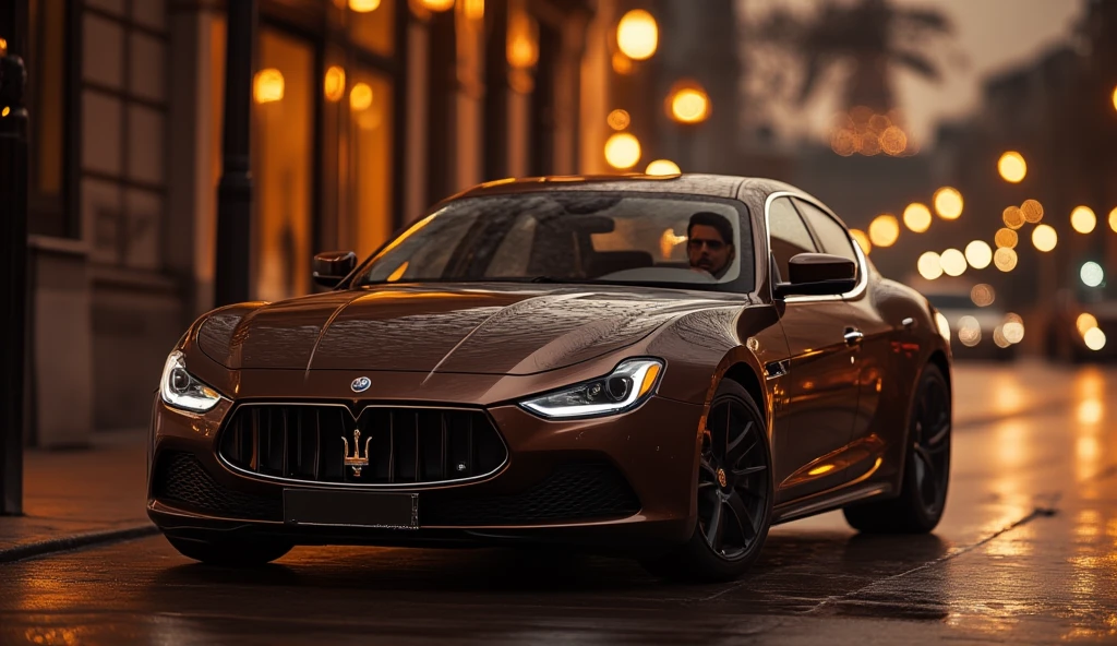 ((masterpiece)) ((photography)) ((Highest quality)) A luxurious brown Maserati driving along a Parisian street. The driver is a bearded man wearing stylish glasses and a Palestinian-style scarf. The background includes iconic Parisian architecture, with the faint silhouette of the Eiffel Tower in the distance. The car shines under the soft glow of the street lamps as the evening atmosphere envelops the scene, creating a mix of elegance and urban charm.