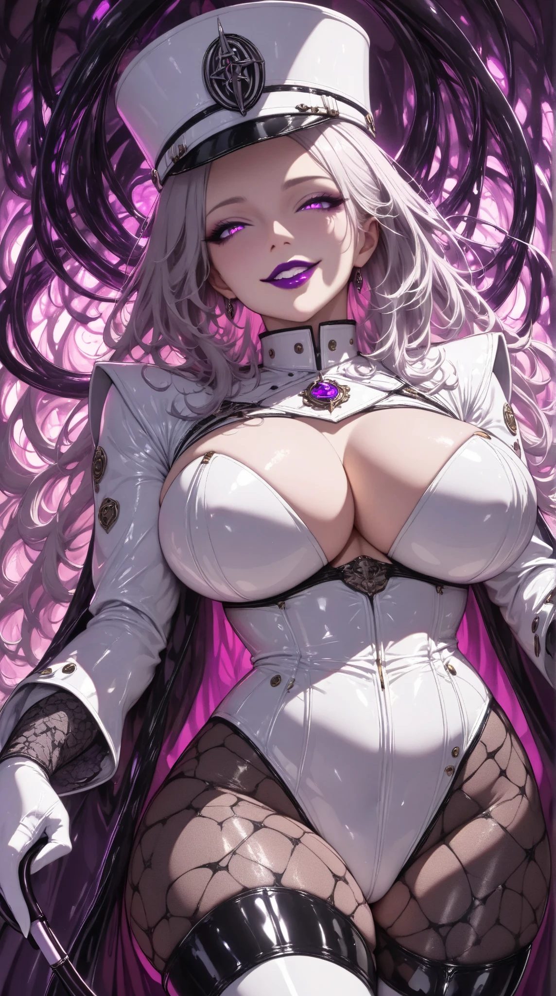  mature beautiful woman with ,( best quality, very detailed depiction, Incredibly Absurd Hi-Res,Curvaceous Body,Beautiful legs,High quality anime drawings:1.2),(Female executive of an evil organization:1.3),(White Latex Military Costume :1.3, Shiny White Bondage Dress with Intricate Structures:1.3,military hat,Military cloak, leather thigh-high boots, Long Grove ,Leather Choker,White tights), eyeshadow,(Glowing purple eyes, Half Closed :1.2, bewitching smile,Shiny purple lips,Shadowed face,Seductive gestures, have a whip in their hands:1.3),whole body, has an open mouth,From below:1.3