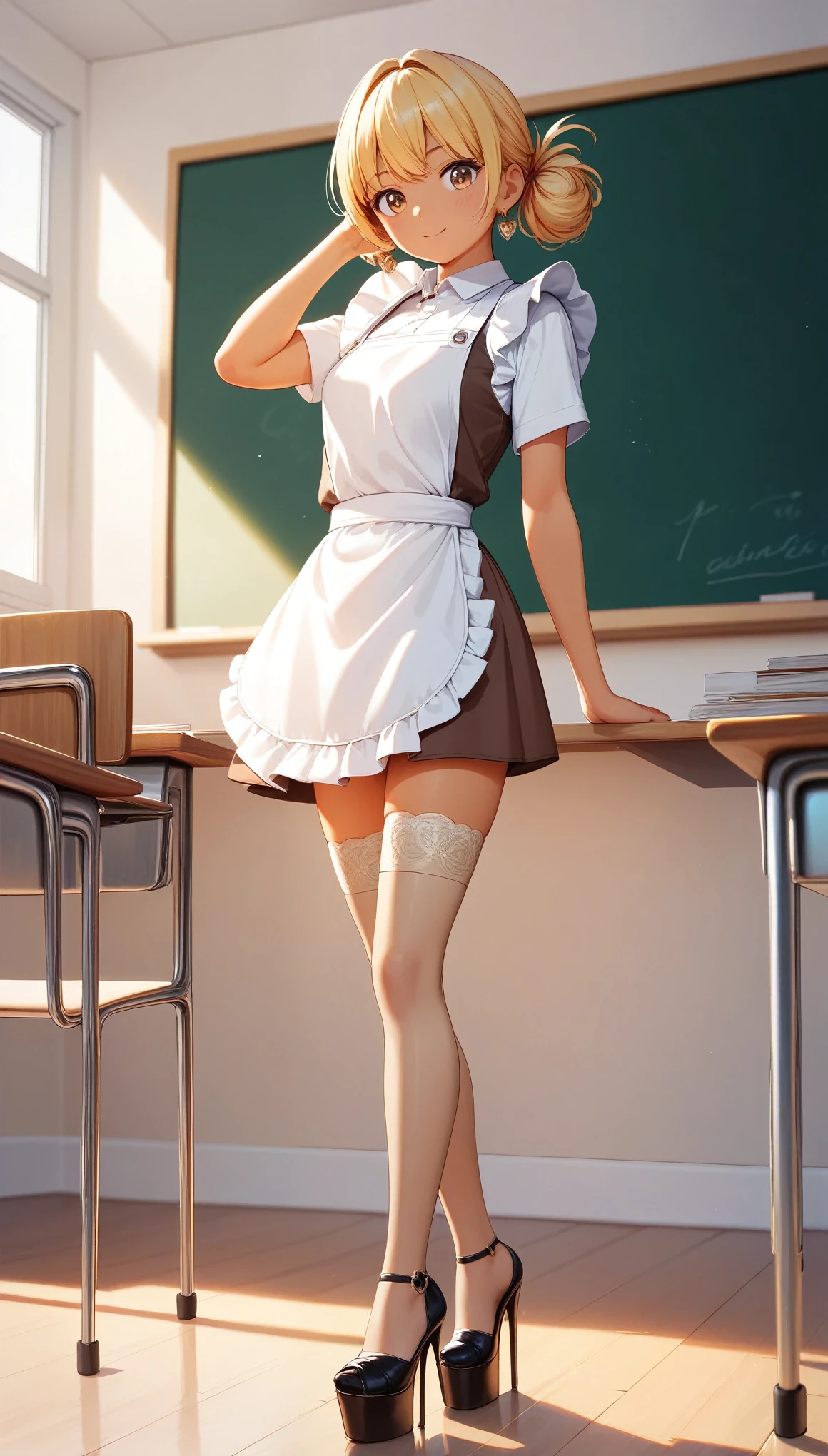 (Perfect Anatomy), Masterpiece, Ultra High Quality, 8k, masterpiece, Highest quality, Ultra-high resolution, Maximum resolution, Very detailed, Professional Lighting, anime, young female, very petite girl, 1 female, Narumiya Suzu, petite girl, thin teen, so beautiful, Highly detailed eye, Highly detailed face, Golden earrings, wheat color Hair, Straight bangs, full body, standing, (wearing a (brown short dress with lace white apron)), short brown dress, (classroom indoors theme), (tan stockings), (high heels) (platform shoes), show her wet inner thighs