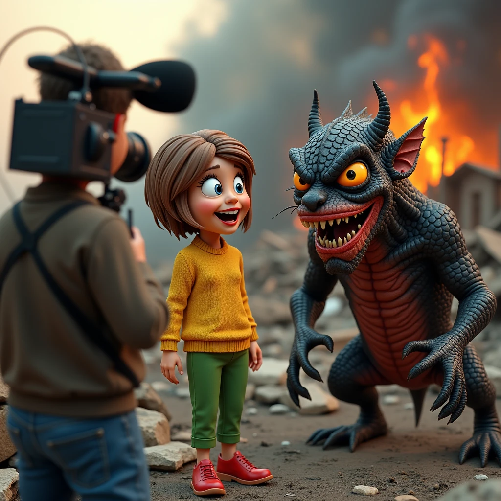  funny comedy shot ,  coryspondent April 22  ,  with short red hair covered in black hair ,  and crazy eyes  ,in a yellow sweater,  and green capri ,  with a microphone interviewing, holding out the microphone while holding it in With her right hand ,  of the terrible fire demon , ( jumpsuit, a demon covered in black scales and with burning amber eyes ),  is a cameraman  (a 45-year-old man with dark hair )  behind the correspondent with a large TV camera on his shoulder and films a demon  (, the operator with eyes looking in different directions ,with the crazy face , with her mouth ajar and protruding with his tongue (, the cameraman is wearing a light gray )),(. The correspondent interviews a fire demon and the cameraman will shoot them on camera), in the background smoking ruins of a house ,  photorealism , comedy style , focus on the correspondent and cameraman ,