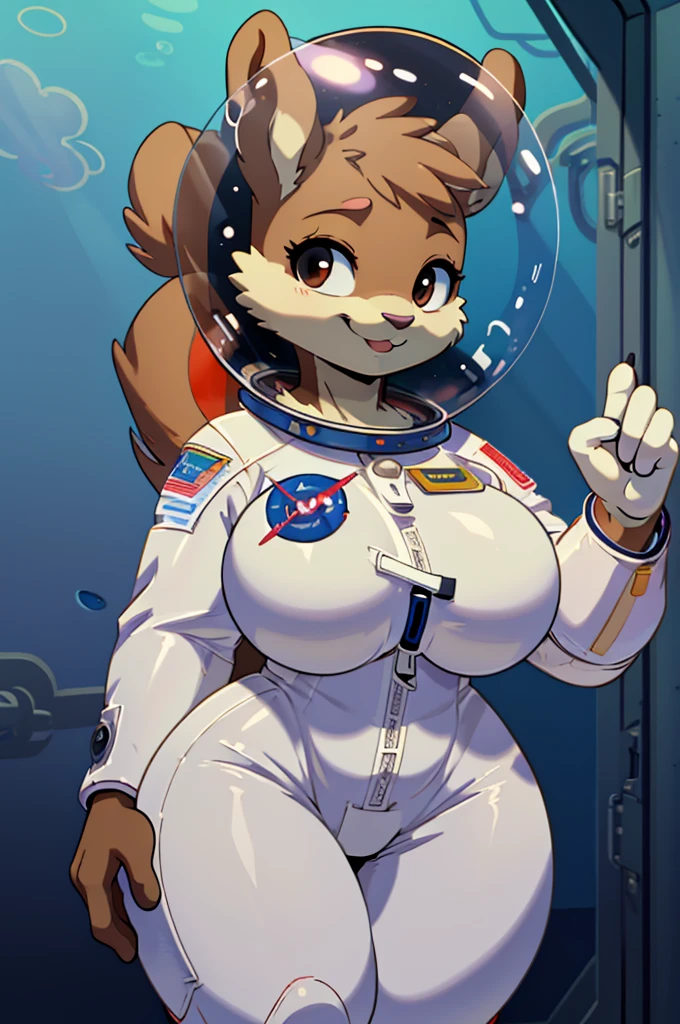 (masterpiece), ((perfect anatomy)), (high Res), (4k), squirrel, huge breast, wide hips, (((astronaut suit))), underwater, happy, ((((anime artstyle)))), (((solo))), narrow waist, black eyes, 