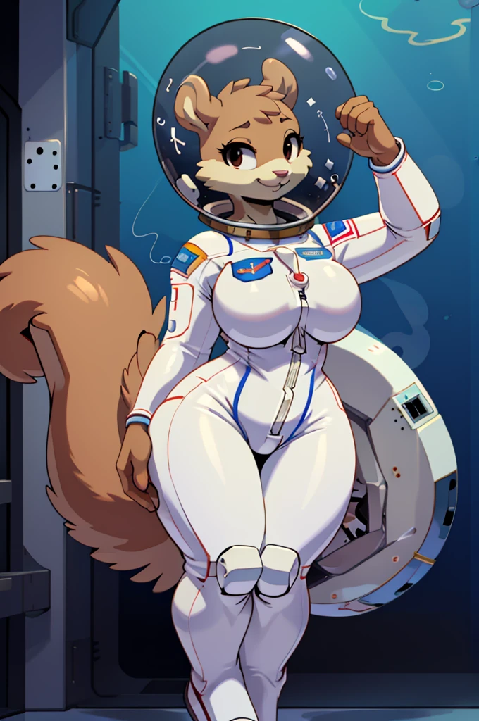 (masterpiece), ((perfect anatomy)), (high Res), (4k), squirrel, huge breast, wide hips, (((astronaut suit))), underwater, happy, ((((sexual artstyle)))), (((solo))), narrow waist, black eyes