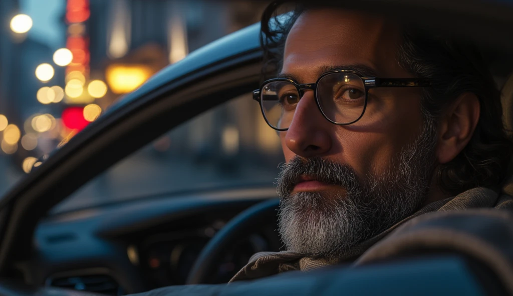 ((masterpiece)) ((photography)) ((Highest quality)) Close-up of a bearded man driving a luxurious brown Maserati on a Parisian street. He is wearing stylish glasses and a Palestinian-style scarf wrapped around his neck. The focus is on his expressive face, with a calm yet confident look as he gazes ahead. The background is blurred, highlighting the details of his features, the scarf, and the sleek interior of the car. Soft lighting from the streetlamps reflects off his glasses, adding a touch of elegance to the scene.