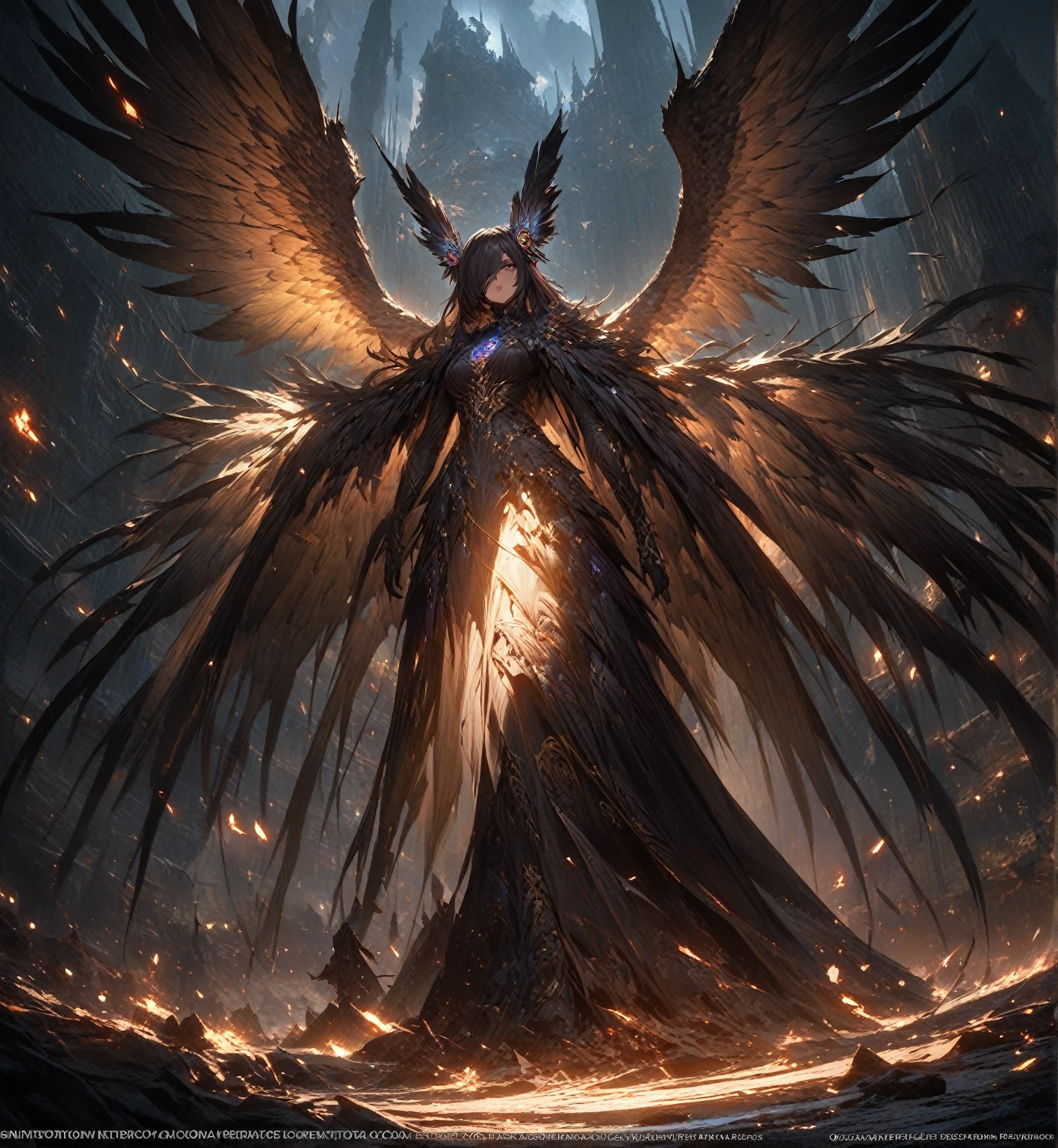  Facing Camera ，Standing on the ground， Perfect Full Body Character Watch，Birdie character，a female，Slim ，Medium build， Smooth brown skin ， dark ，Wearing a black Gothic dress ， The upper half of the face is covered by V-shaped feathers and half of the face，Eyes covered ， The ears are covered with upward Owl wings ， hair on both sides decorated Feather hair ornament ， Hands are huge owl wings ，[ Vibrant appearance , Creative Behavior , Imaginative, Sensibility, spontaneous, skin texture， [[ Ultra wide angle lens ，Remote Panorama ，masterpiece,  Alina ,  Highly Detailed , Super Fine， Height Detail ，Light Tracking ， movie light effect ,  illustration,  8K Resolution Concept Art ， Dark fantasy art ， Dark Fantasy Character Design ， Concept Art Wallpaper ， Epic Dramatic Atmosphere ,  Height Detail, fantasy realism,   Professional Digital Art ,