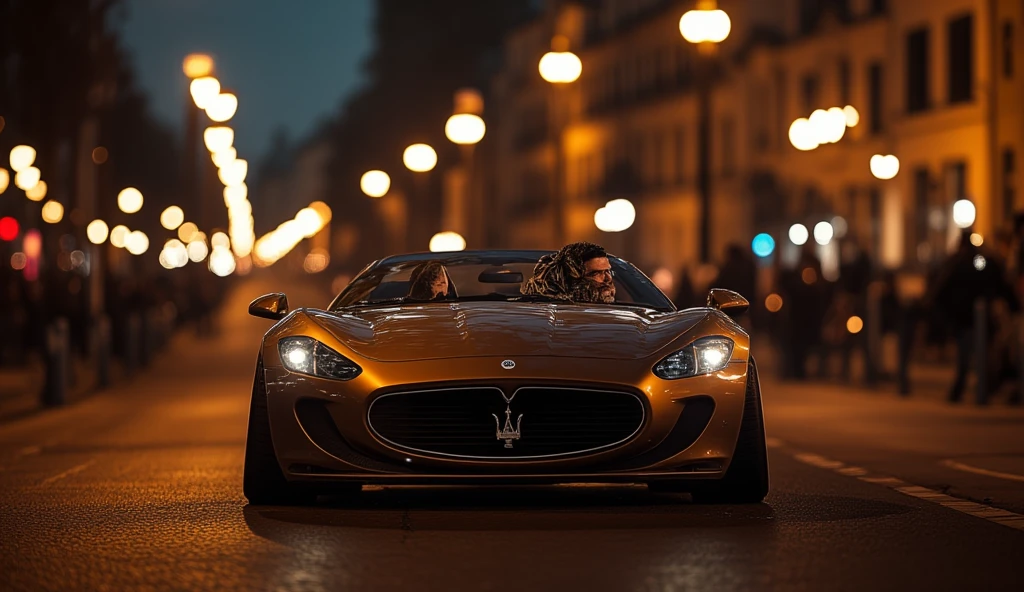 ((masterpiece)) ((photography)) ((Highest quality)) A luxurious brown Maserati driving along a Parisian street. The driver is a bearded man wearing stylish glasses and a Palestinian-style scarf. The background includes iconic Parisian architecture, with the faint silhouette of the Eiffel Tower in the distance. The car shines under the soft glow of the street lamps as the evening atmosphere envelops the scene, creating a mix of elegance and urban charm.