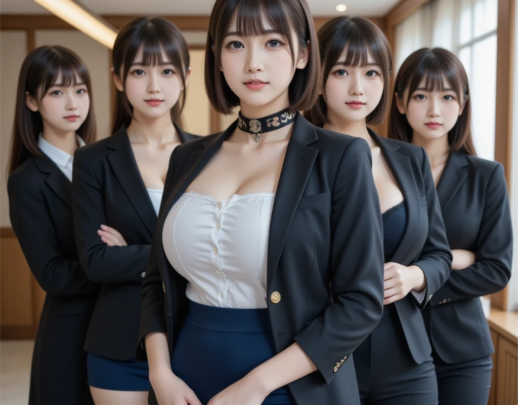  best quality、masterpiece、Group photo、Office Ladies' are lined up in a row、( black jacket、 navy blue miniskirt ), Big Breasts , (( layered haircut )),（8k， best quality）， full body shot，Shooting from a medium distance，Full body portrait、 Adorable， smile:2，    brown hair, Slim face,  slim body, 32K, masterpiece,  best quality,  ultra high resolution,  black choker ,  blue eyes, bangs、 Extremely Rich, Long Lashes 、((Big Breasts))、 happy expression:2,  office