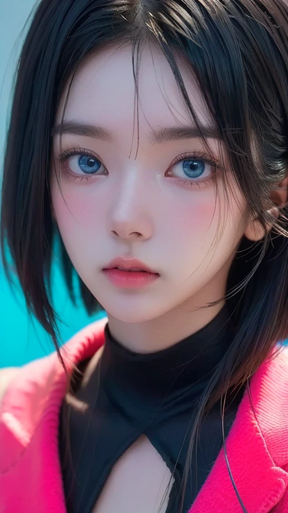 (masterpiece, highest quality, highest quality, Official Art, beautifully, aesthetic:1.2), Portrait Photography, (Cyberpunk beautiful girl 1 person), Big iridescent eyes, Beautiful skin, (Pink and blue long hair with bangs), Very detailed, (Neon colored fractal art:1.3), Perfect lighting, Sharp focus, High resolution, High resolution, High color rendering, High resolution, Super realistic,