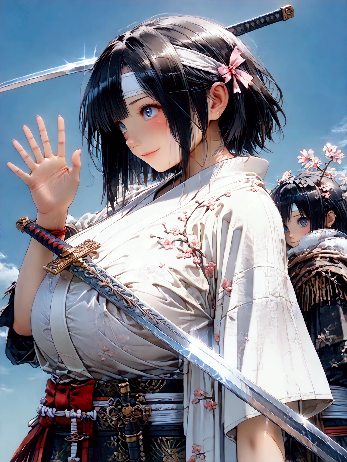 (((1 Japanese female))),(((Old Japanese Female Warrior )))、(((Female warlord)))、(((Warrior Princess)))、(((War Goddess)))、(((((古い日本の鎧)))))、(((((Clothing)))))、((( black hair)))、((( Short Hair )))、(((White headband)))、(((((holding two swords in his hands)))))、(((((Grasp the sword)))))、(((((Sword-holding pose))))),(((((Sword waving pose)))))、(((smile)))、((( look up )))、((( grimace )))、(((Sharp Eyes)))、((( painful expression)))、(((blue sky)))、(((cherry blossoms)))、((( Japan's Warring States Period)))、「 best quality、masterpiece、  illustration without a face 、 Very Delicate and Beautiful 、 very detailed、CG、8k wallpaper、 amazing、 details、masterpiece、最高の究極の芸術 very detailed CG Unity 8k wallpaper」、(((Gigantic Huge Breast)))