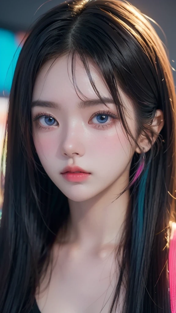 (masterpiece, highest quality, highest quality, Official Art, beautifully, aesthetic:1.2), Portrait Photography, (Cyberpunk beautiful girl 1 person), Big iridescent eyes, Beautiful skin, (Pink and blue long hair with bangs), Very detailed, (Neon colored fractal art:1.3), Perfect lighting, Sharp focus, High resolution, High resolution, High color rendering, High resolution, Super realistic,