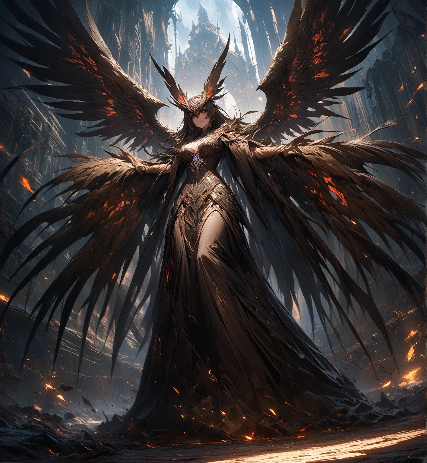  Facing Camera ，Standing on the ground， Perfect Full Body Character Watch，Birdie character，a female，Slim ，Medium build， Smooth brown skin ， dark ，Wearing a black Gothic dress ， The upper half of the face is covered by V-shaped feathers and half of the face，Eyes covered ， The ears are covered with upward Owl wings ， hair on both sides decorated Feather hair ornament ， Hands are huge owl wings ，[ Vibrant appearance , Creative Behavior , Imaginative, Sensibility, spontaneous, skin texture， [[ Ultra wide angle lens ，Remote Panorama ，masterpiece,  Alina ,  Highly Detailed , Super Fine， Height Detail ，Light Tracking ， movie light effect ,  illustration,  8K Resolution Concept Art ， Dark fantasy art ， Dark Fantasy Character Design ， Concept Art Wallpaper ， Epic Dramatic Atmosphere ,  Height Detail, fantasy realism,   Professional Digital Art ,