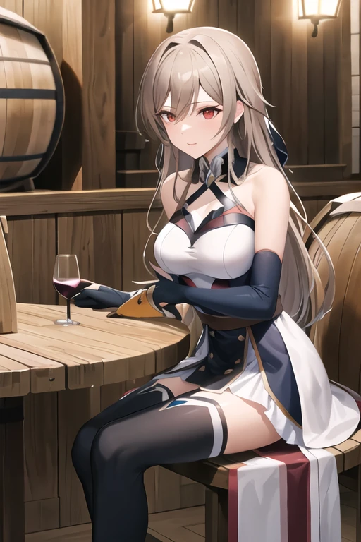 masterpiece,best quality,high definition,Fel 1,Bridal Gauntlet,black thigh high socks,bare shoulders,belt,ガーターbelt,white dress,elbow gloves,cowboy shooting alone,Wavy,night,Fantasy RPG style　Adventurer's Guild interior, tables, chairs, counters, barrels, wooden boxes,sit on a barrel,Drink wine during meals,Dishes laid out on the table,Dining at the table,