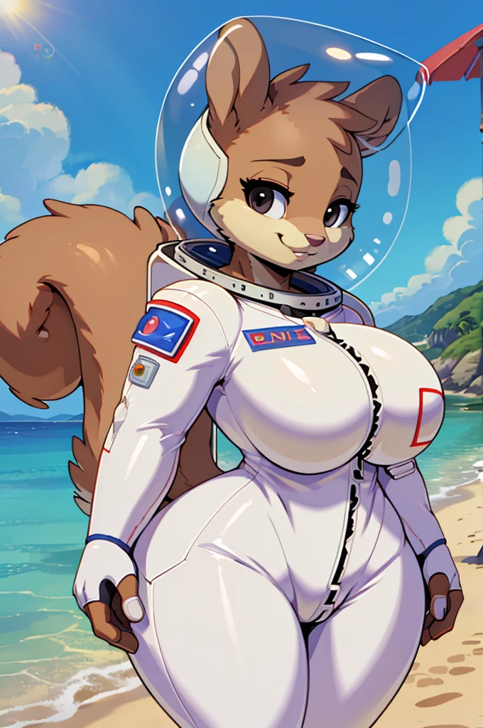 (masterpiece), ((perfect anatomy)), (high Res), (4k), squirrel, huge breast, wide hips, (((skintight astronaut suit))), (((open suit))), happy, (((anime artstyle))), (((solo))), narrow waist, black eyes, (in a beach)