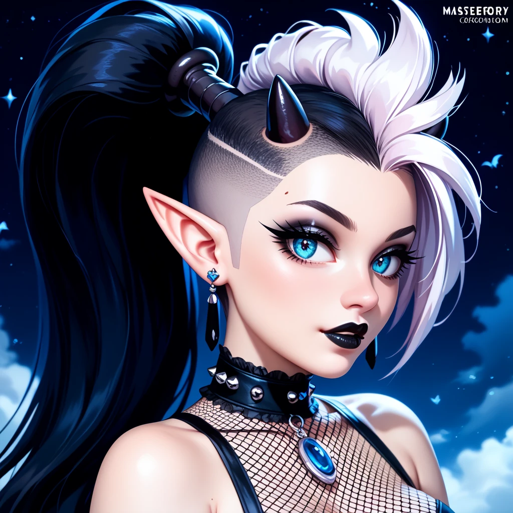 score_9, score_8_up, score_7_up, ((Masterpiece)), ((highres)), ((1person, 1girl, 1female)), Random poses, beautifully detailed succubus girl, ((white mohawk w/ponytail)), defined elf ears with ear guages, defined eyes, pastel iris, long eye lashes, defined nose, black lipstick, curvy, fishnet, (((Black skin))), black demon horns, breasts, night sky, pastel gothic style, gothic style art, gothic asthetic, (((gothic background))), bust shot