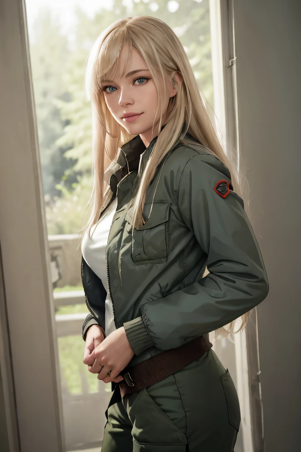 masterpiece, best quality, portrait, 1lady, solo,  casual, long hair, minimal makeup, natural fabrics, blue down jacket, 
cargo pants,  (smile:0.8), home, looking forward, looking towards camera, front view, full front view face, forward portrait, looking at camera portrait, big breasts, long light platinum blonde hair, bangs, green eyes, closed mouth