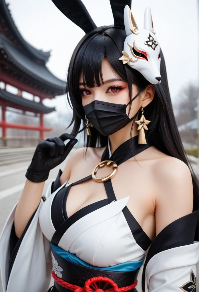 Long-range view, 1 girl,(sparkle \(honkai: star rail\),1girl,Alone,gloves,mask,japanese clothes,black gloves,bare shoulders) Long hair, Bangs between the eyes, straight hair, รอยยิ้มEvil, Evil, Red eyes, Multiple perspective view, Personal view, Rabbit Mask, Mask raised above the head, Half mask,